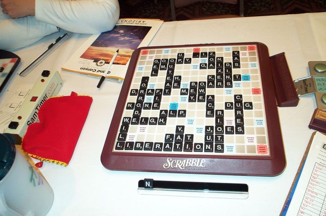Close-up of the board with the 11-letter play